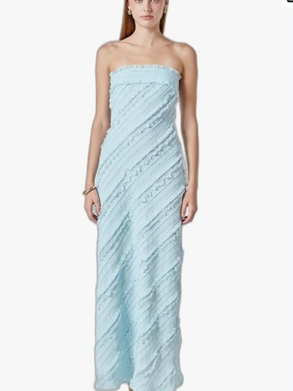 endless rose Women's Strapless Ruffled Maxi Dress Icy Blue SMALL NWT
